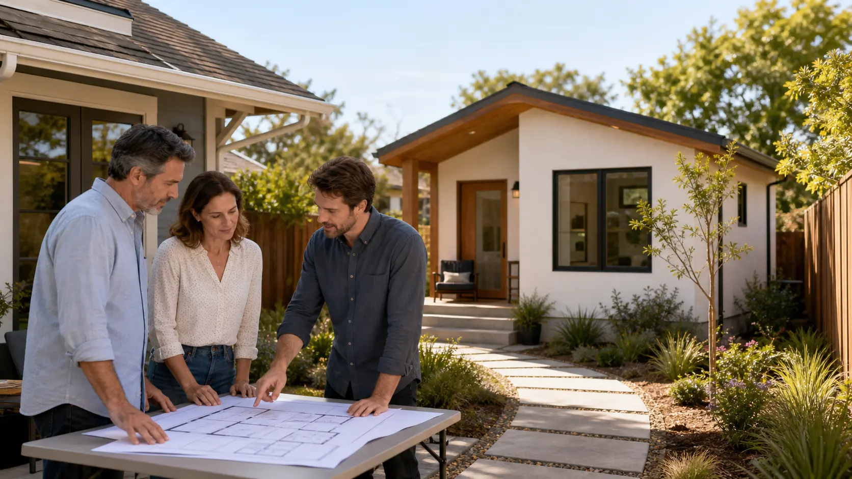 Homeowners and a builder reviewing ADU plans beside a completed backyard unit