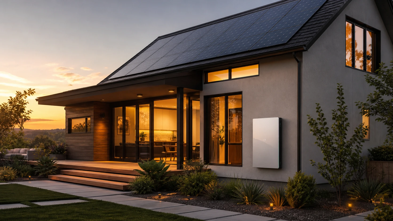 Modern home with solar panels and a Tesla Powerwall 3 installed on the exterior