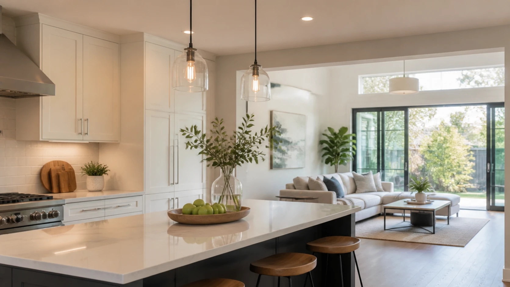 Bright renovated kitchen opening into a modern living room