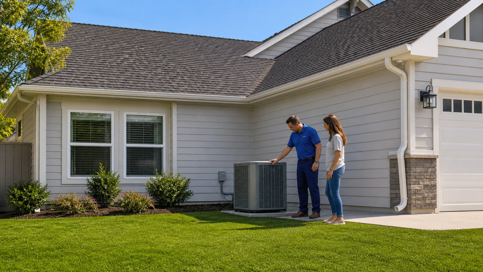 Service professional and homeowner inspecting an outdoor air-conditioning unit beside a well-maintained roof