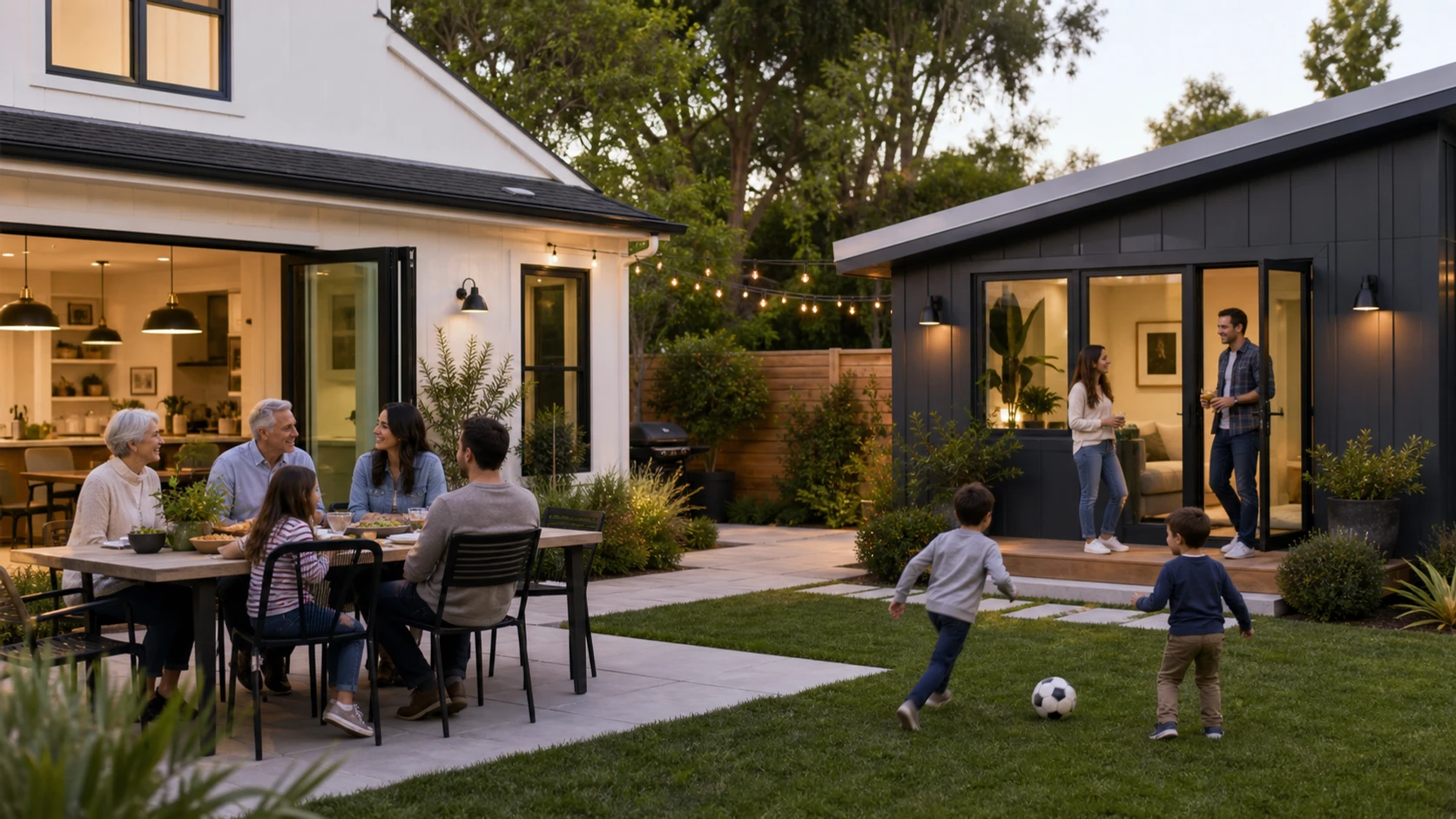 A multigenerational family enjoying a yard between their main home and a modern ADU