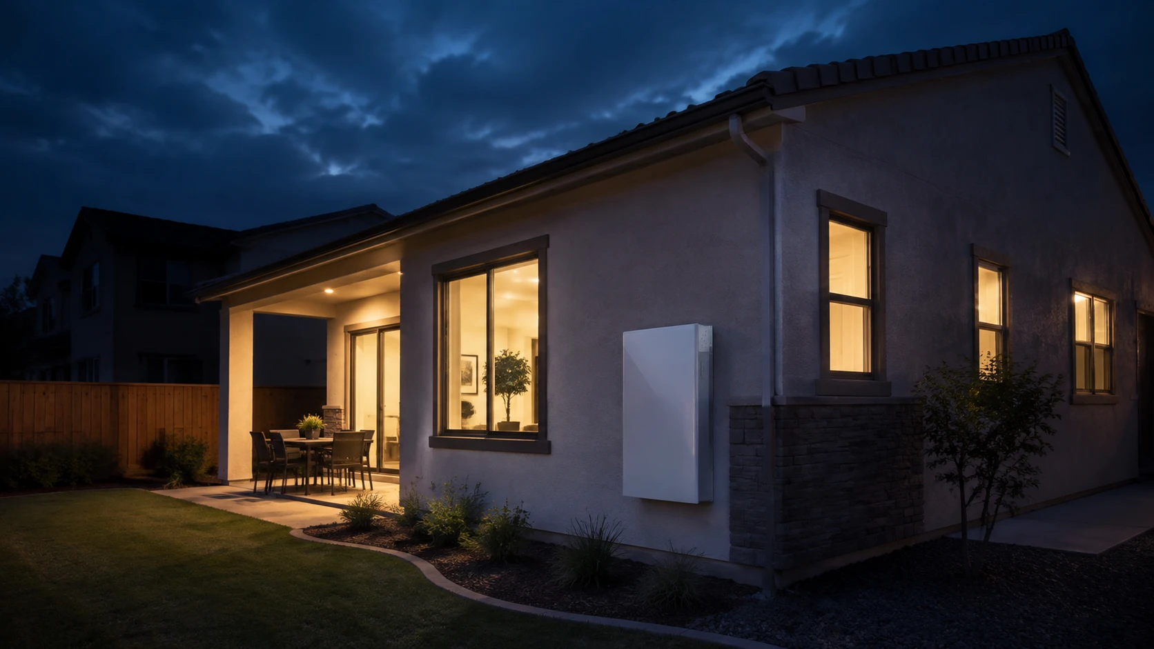 Contemporary home illuminated during a power outage with a Tesla Powerwall 3 installed outside