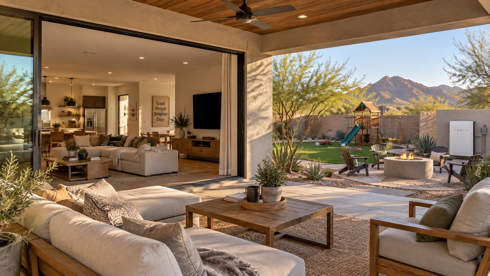 A remodeled Arizona home with a shaded patio and connected indoor and outdoor living spaces