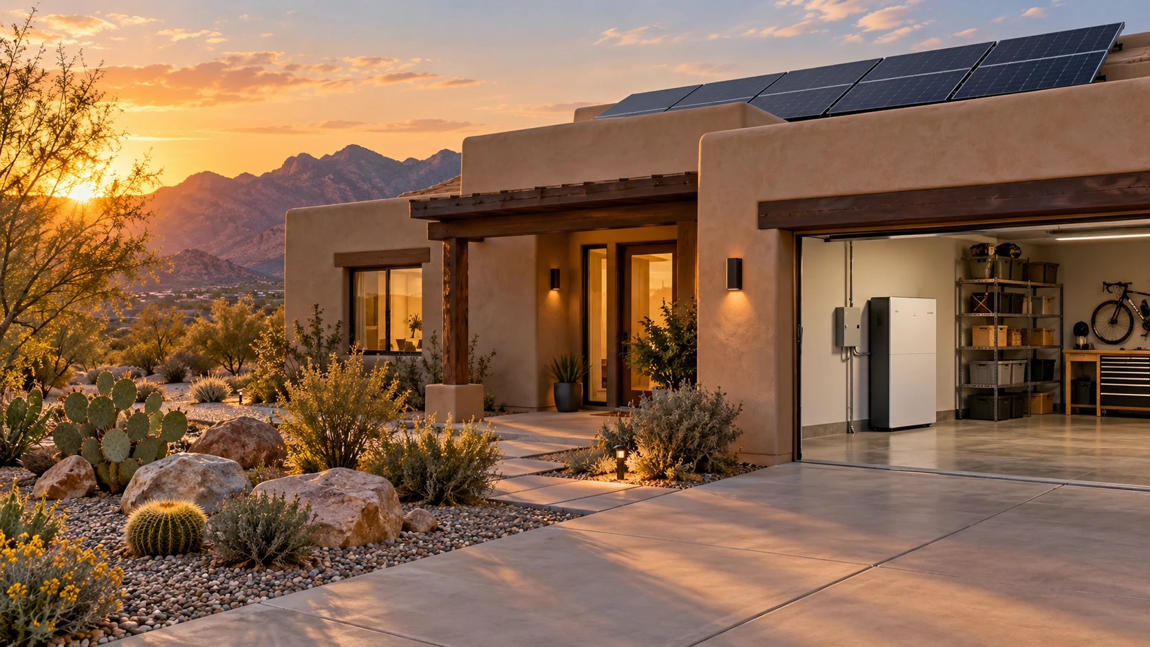 Southwestern Arizona home with rooftop solar panels and a residential battery in the garage at sunset