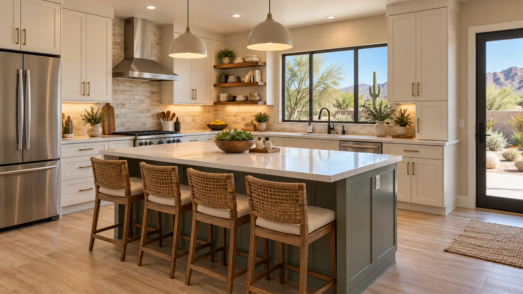 Refreshed kitchen with organized cabinets, light countertops, and warm lighting.