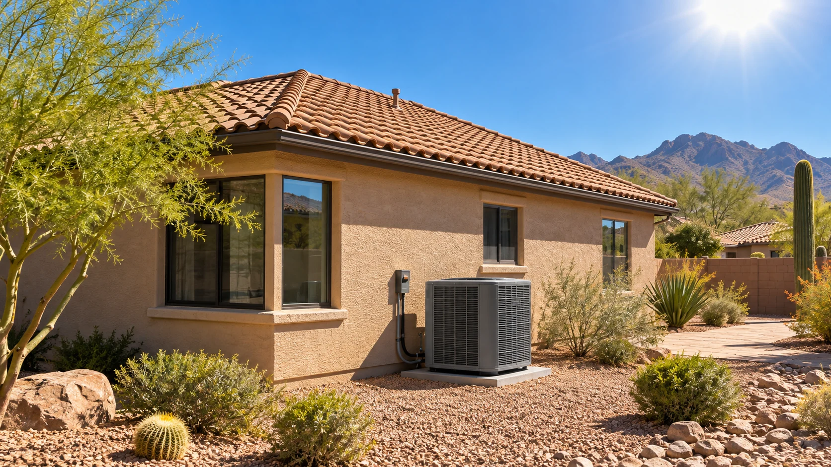 Single-story Arizona home with a sunlit roof and an outdoor air conditioning unit.